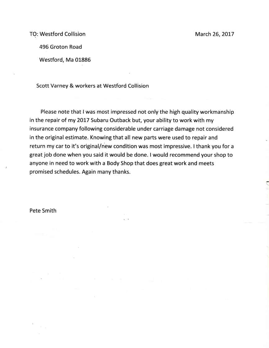 Feedback Letter written to Westford Collison